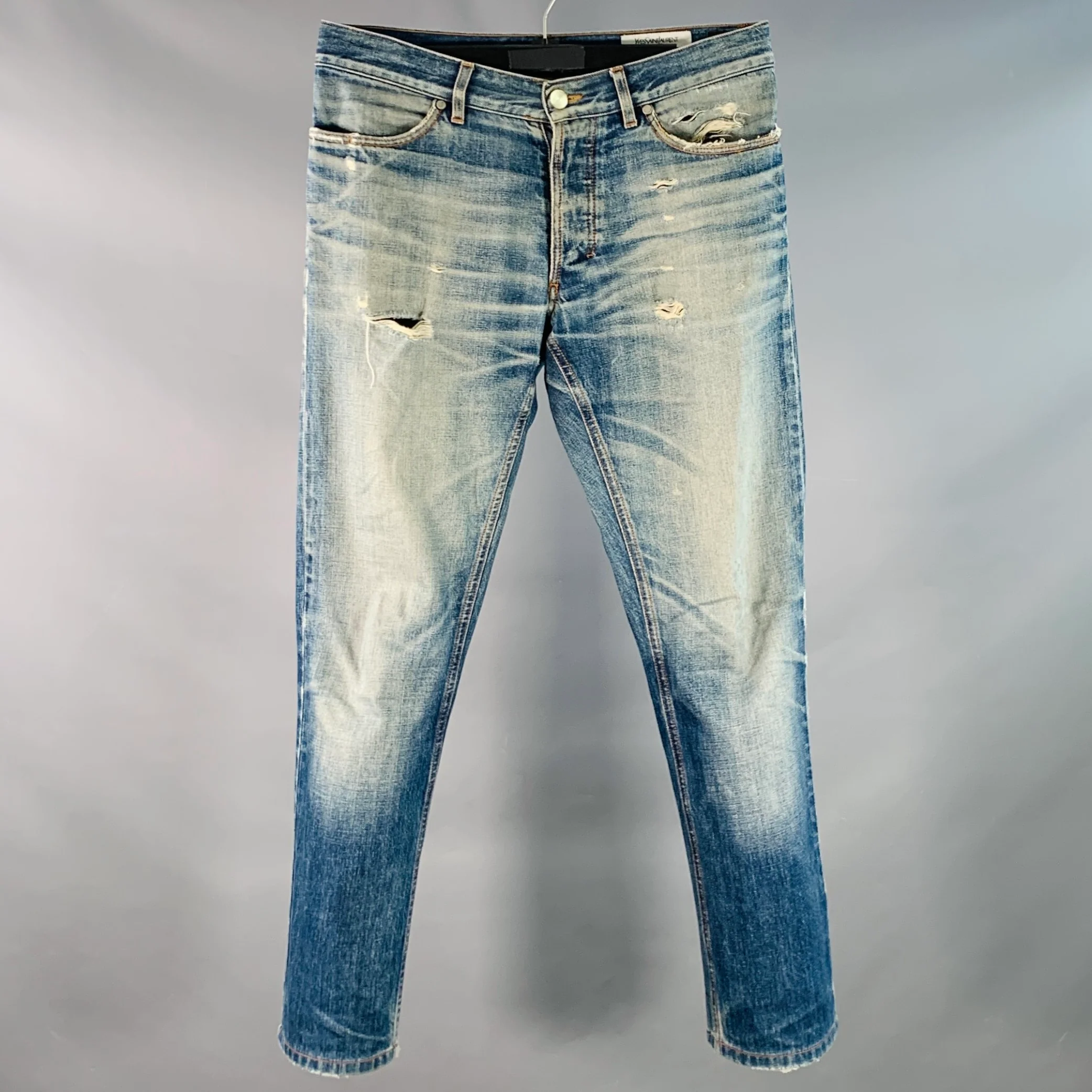 YVES SAINT LAURENT Size 32 Blue Distressed Cotton Slim Straight Button Fly Jeans