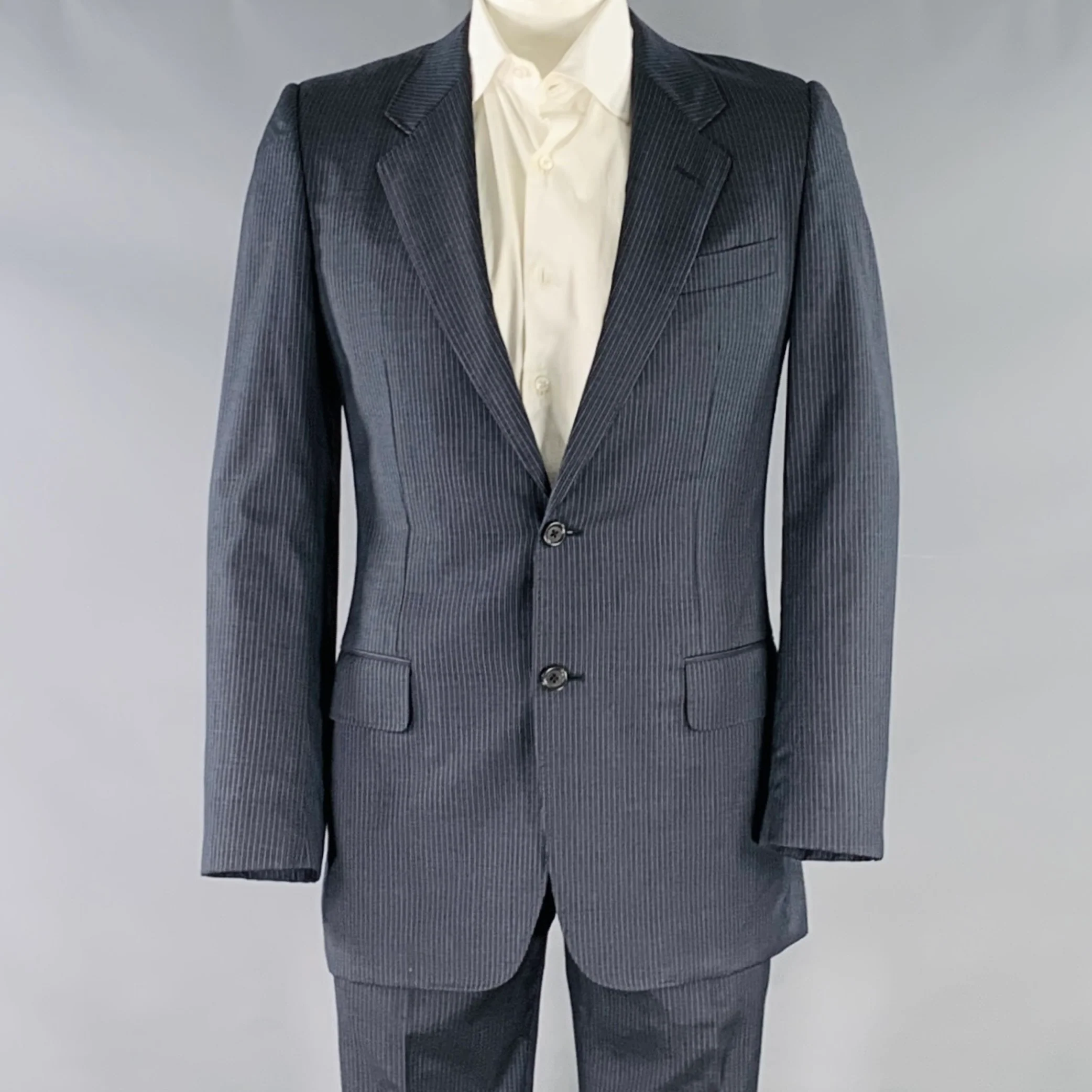 YVES SAINT LAURENT Size 42 Long Navy Blue Stripe Wool Notch Lapel Suit