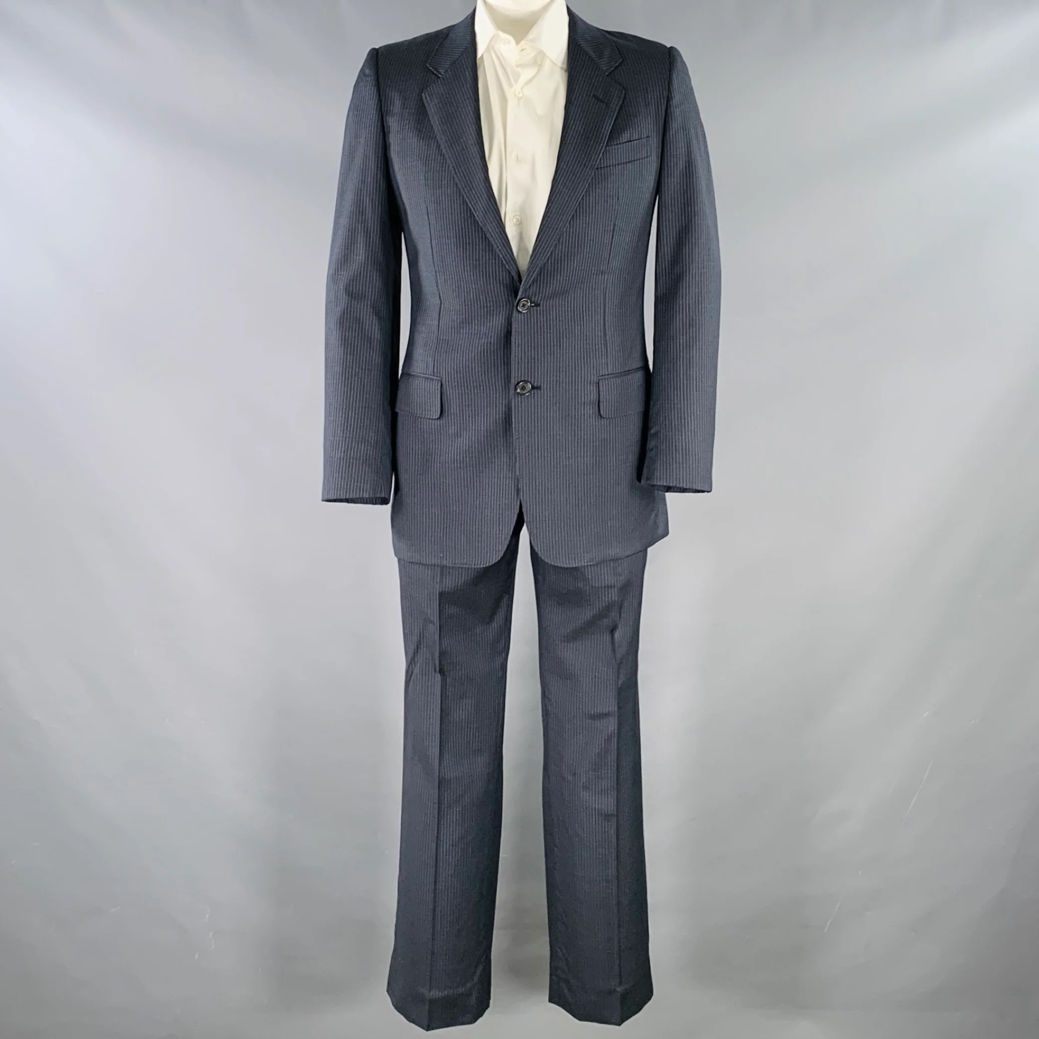 YVES SAINT LAURENT Size 42 Long Navy Blue Stripe Wool Notch Lapel Suit - Image 2