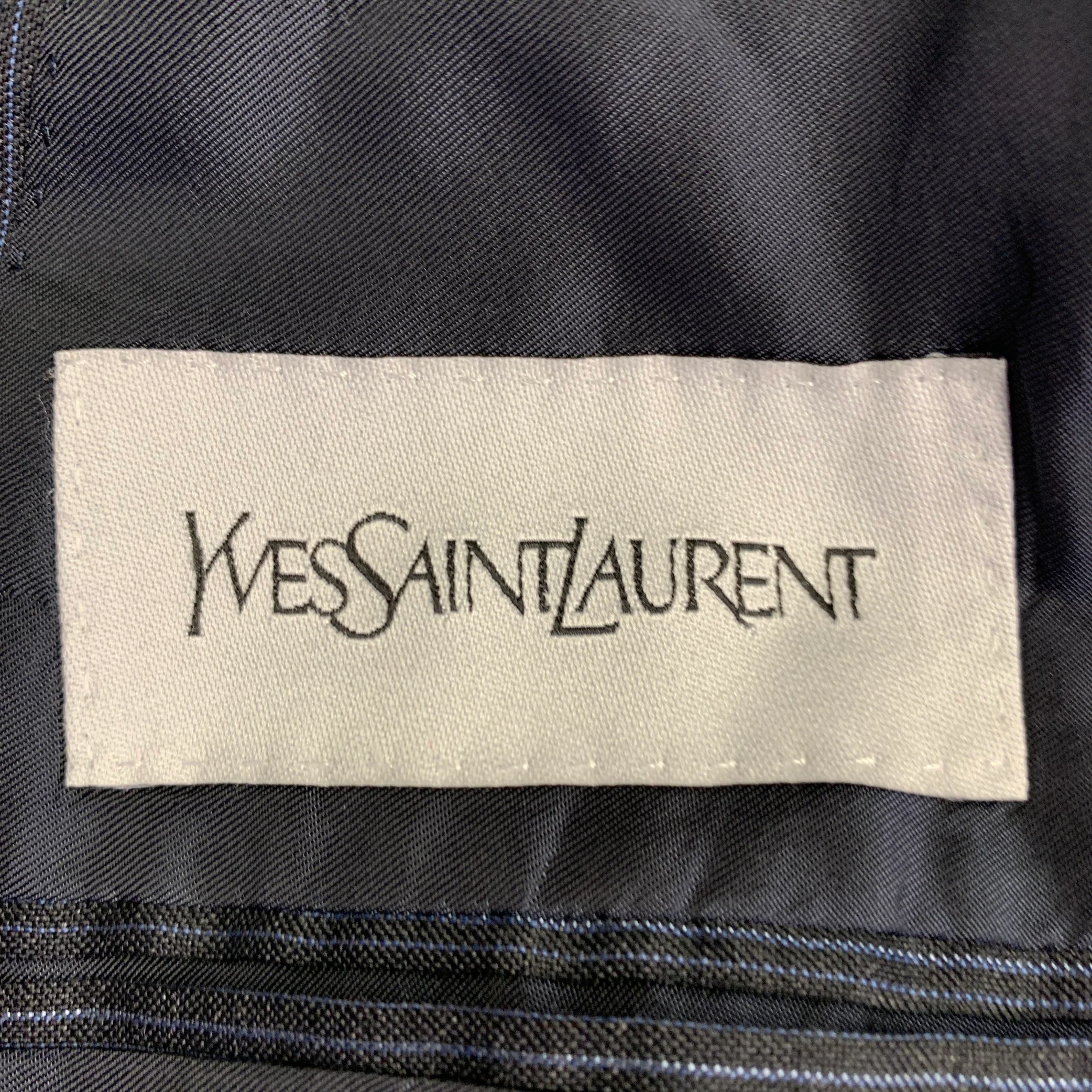 YVES SAINT LAURENT Size 42 Long Navy Blue Stripe Wool Notch Lapel Suit - Image 9
