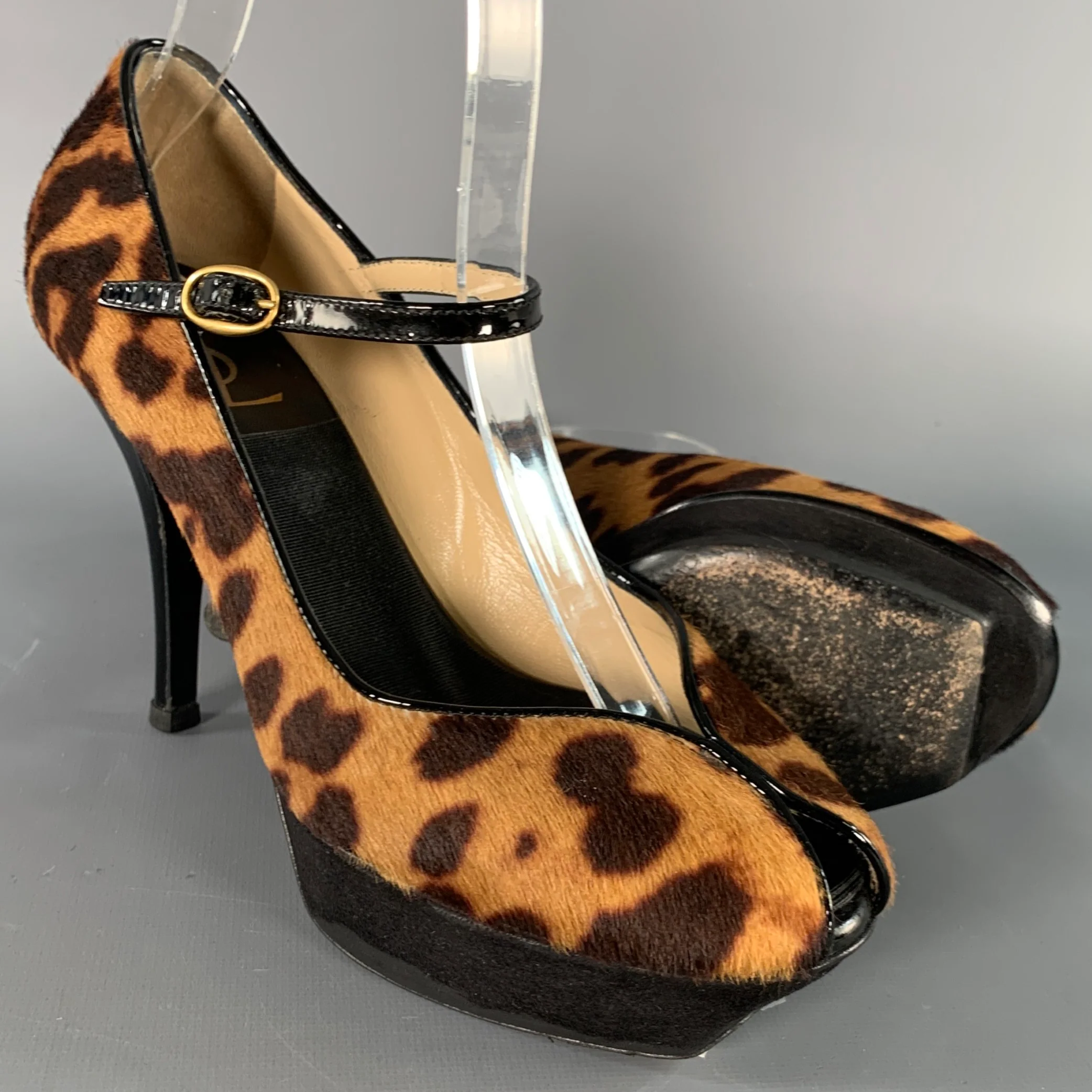 YVES SAINT LAURENT Size 6 Tribute Brown Black Calf Hair Animal Print Platform Sandals - Image 5