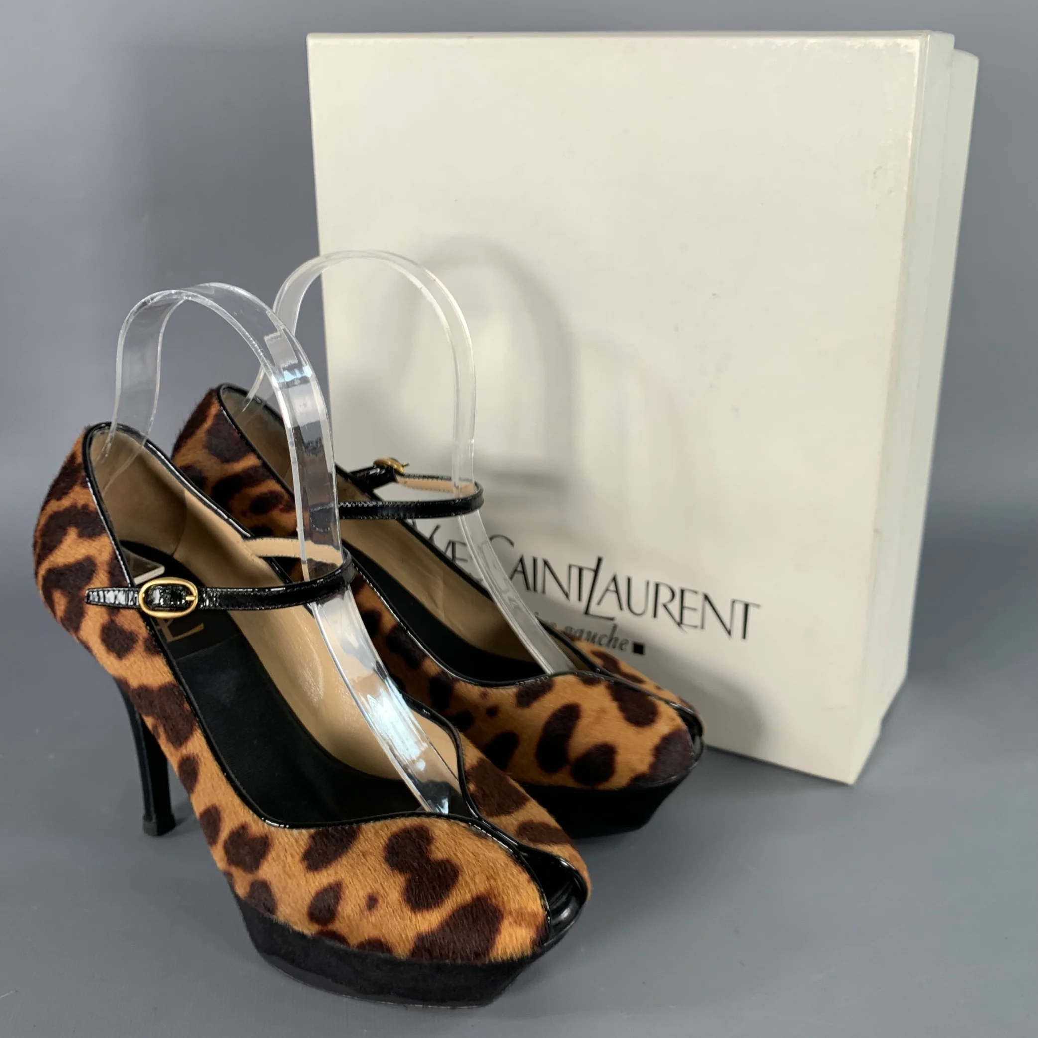 YVES SAINT LAURENT Size 6 Tribute Brown Black Calf Hair Animal Print Platform Sandals - Image 7