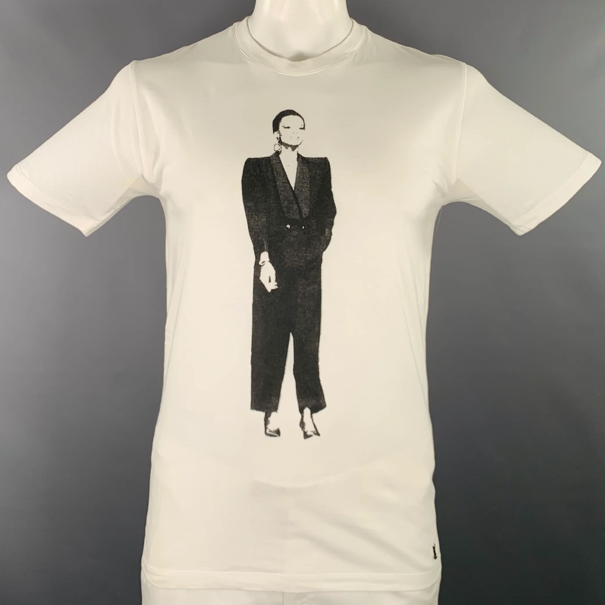 YVES SAINT LAURENT Rare Size L White Black Figures Cotton Short Sleeve T-shirt