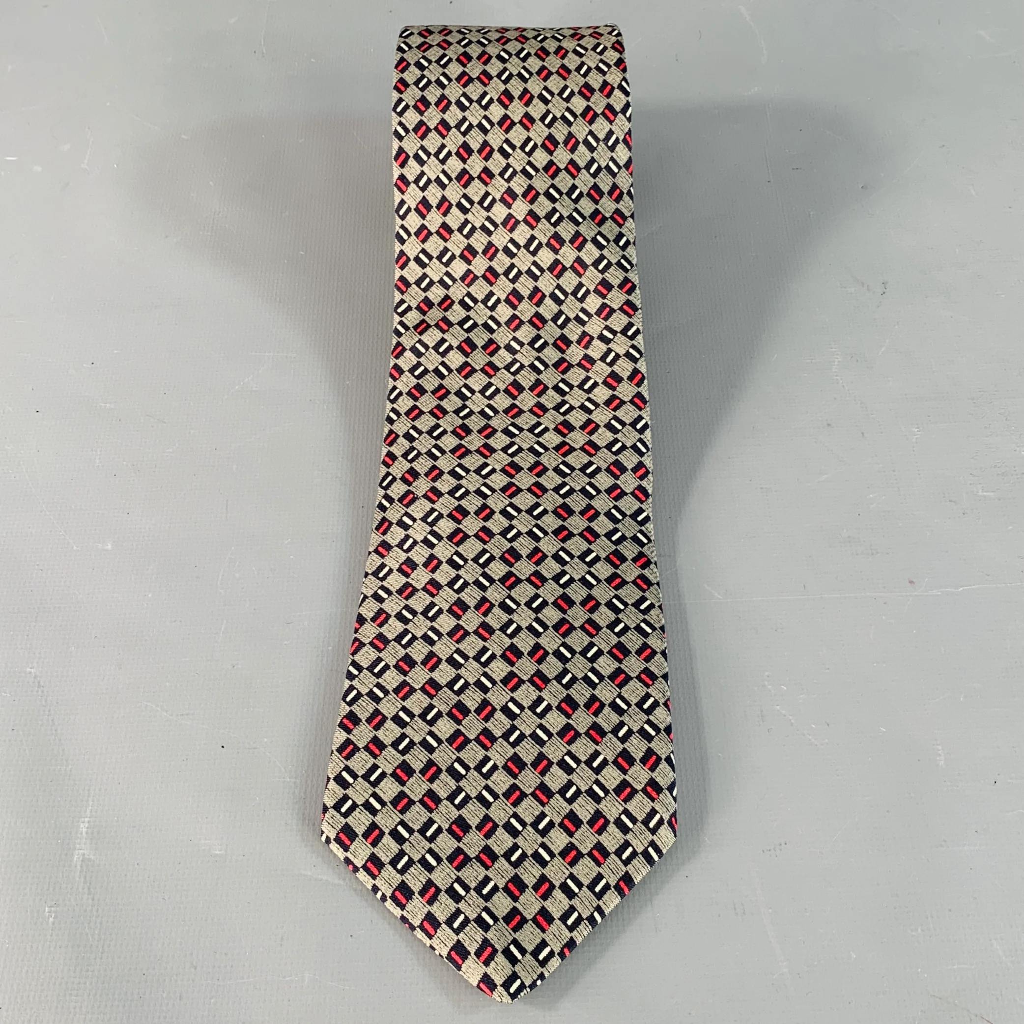 YVES SAINT LAURENT Vintage Navy Red White Checkered Silk Tie - Image 3