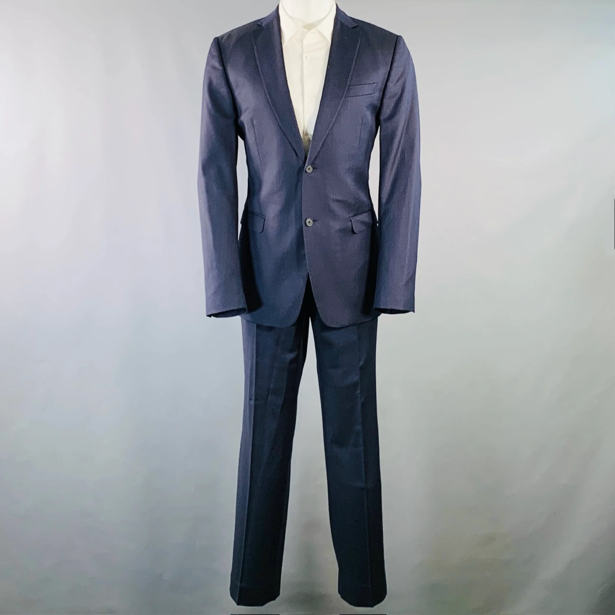 Z ZEGNA Size 40 Regular Navy Charcoal Herringbone Wool Notch Lapel Suit - Image 2