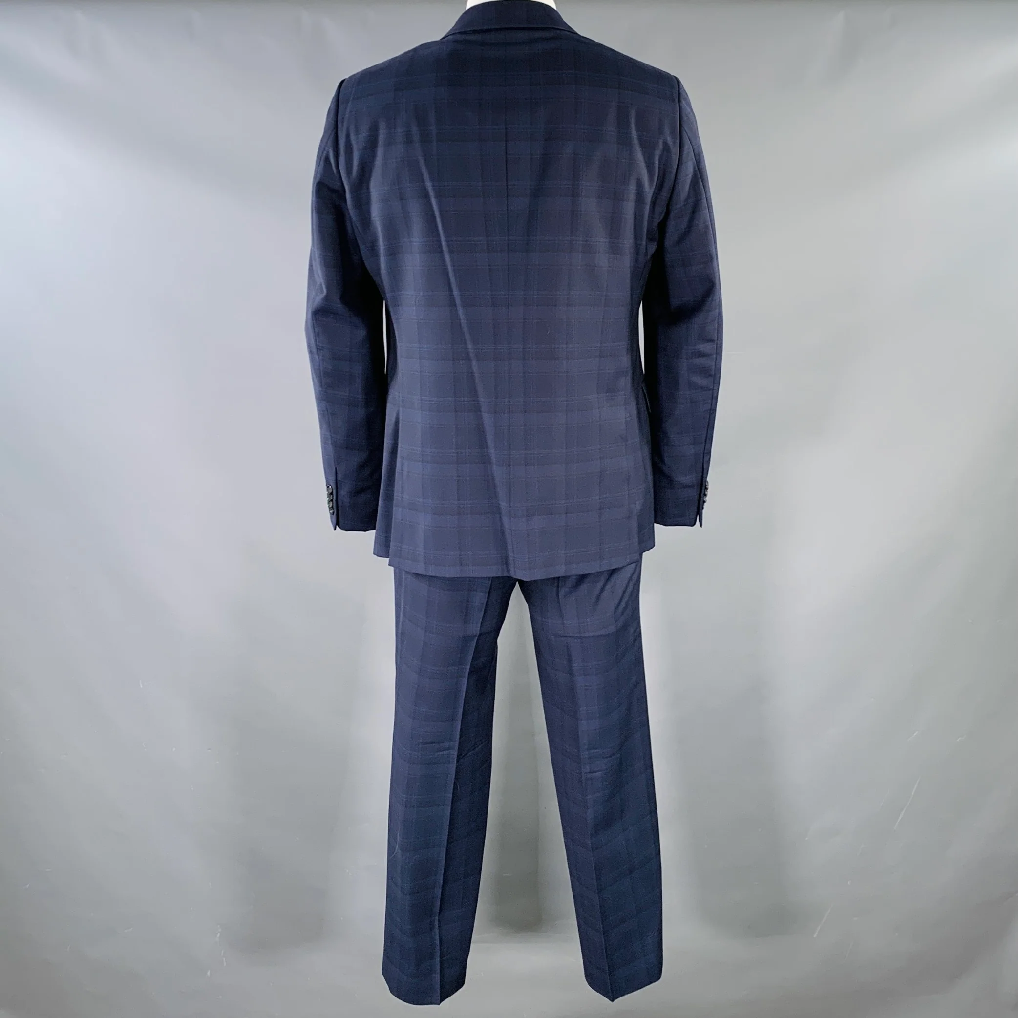 Z ZEGNA Size 46 Regular Navy Blue Plaid Wool Notch Lapel Suit - Image 3