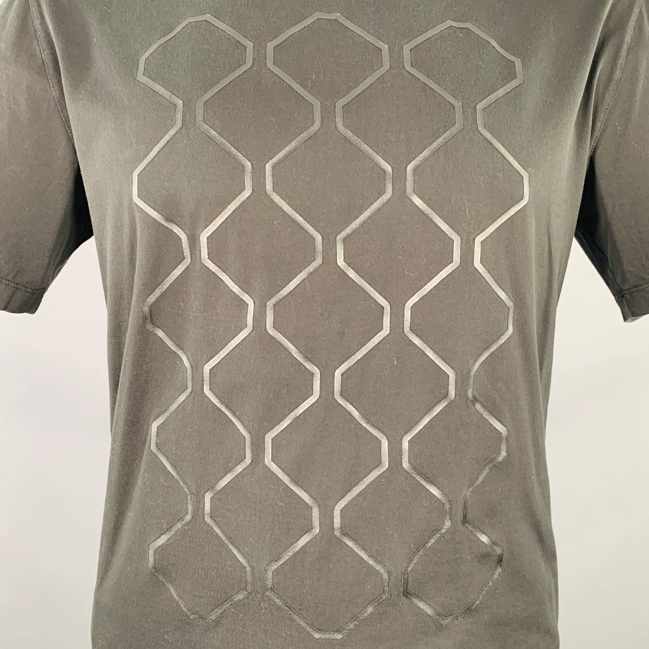 Z ZEGNA Size XL Black Geometric Cotton Crew Neck T-shirt - Image 2