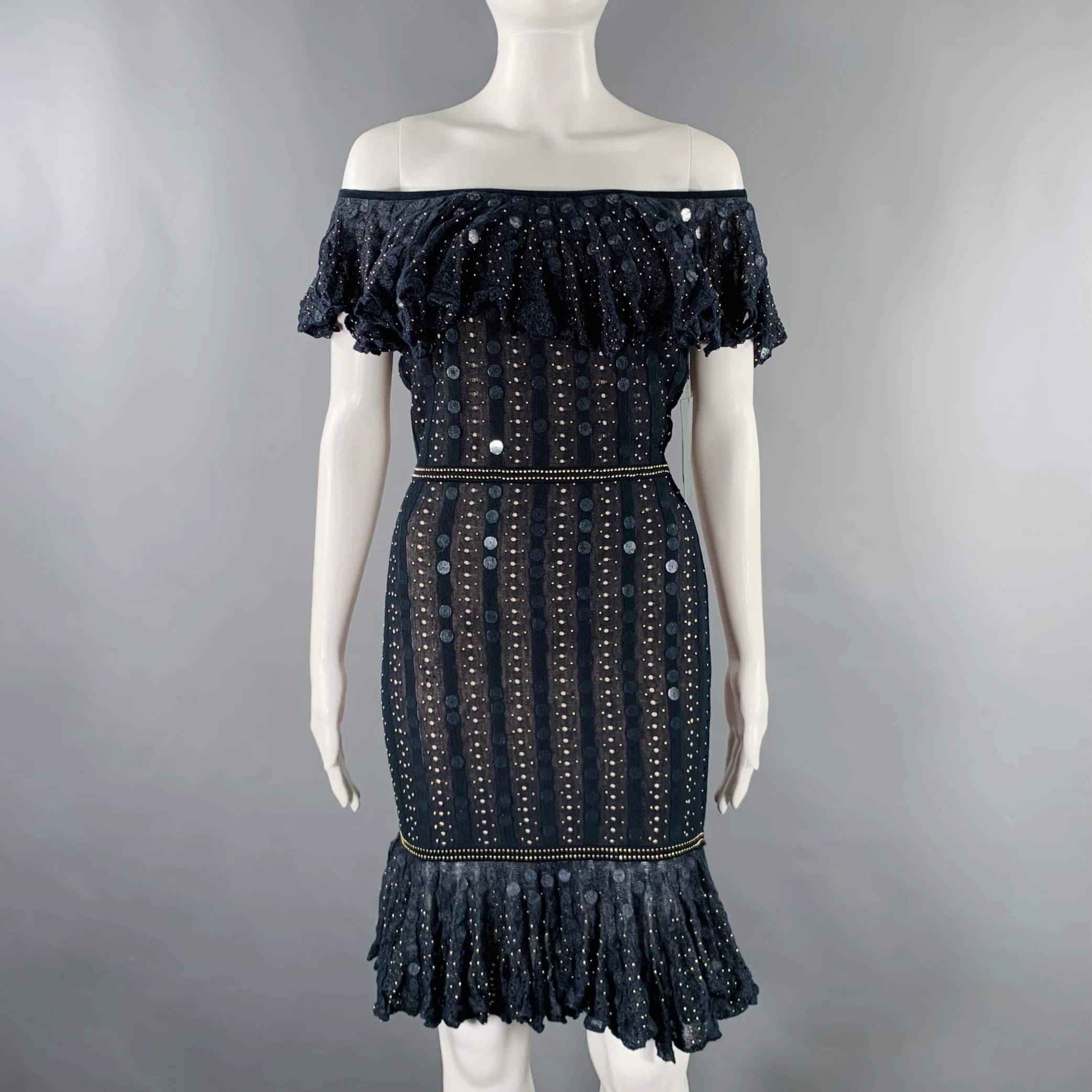 ZAC POSEN Size XS -Starry Night Tango- Navy Gold Silk Blend Payettes Ruffle Dress