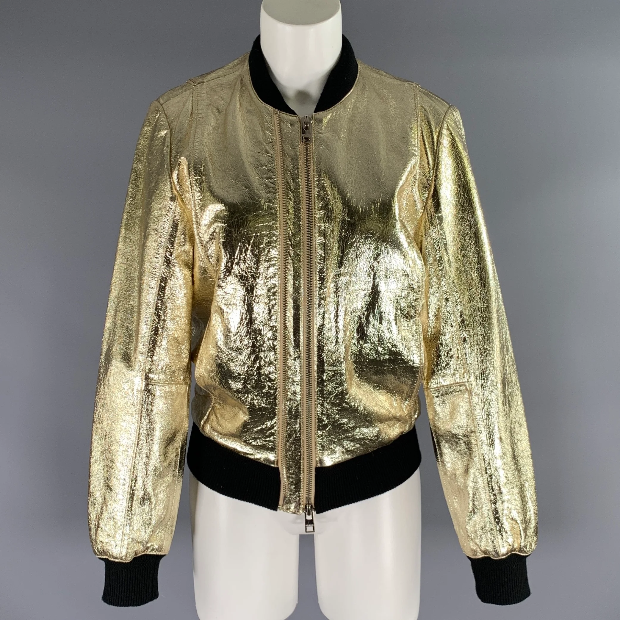 ZADIG & VOLTAIRE Size S Gold Black Leather Metallic Zip Up Jacket (Outdoor)