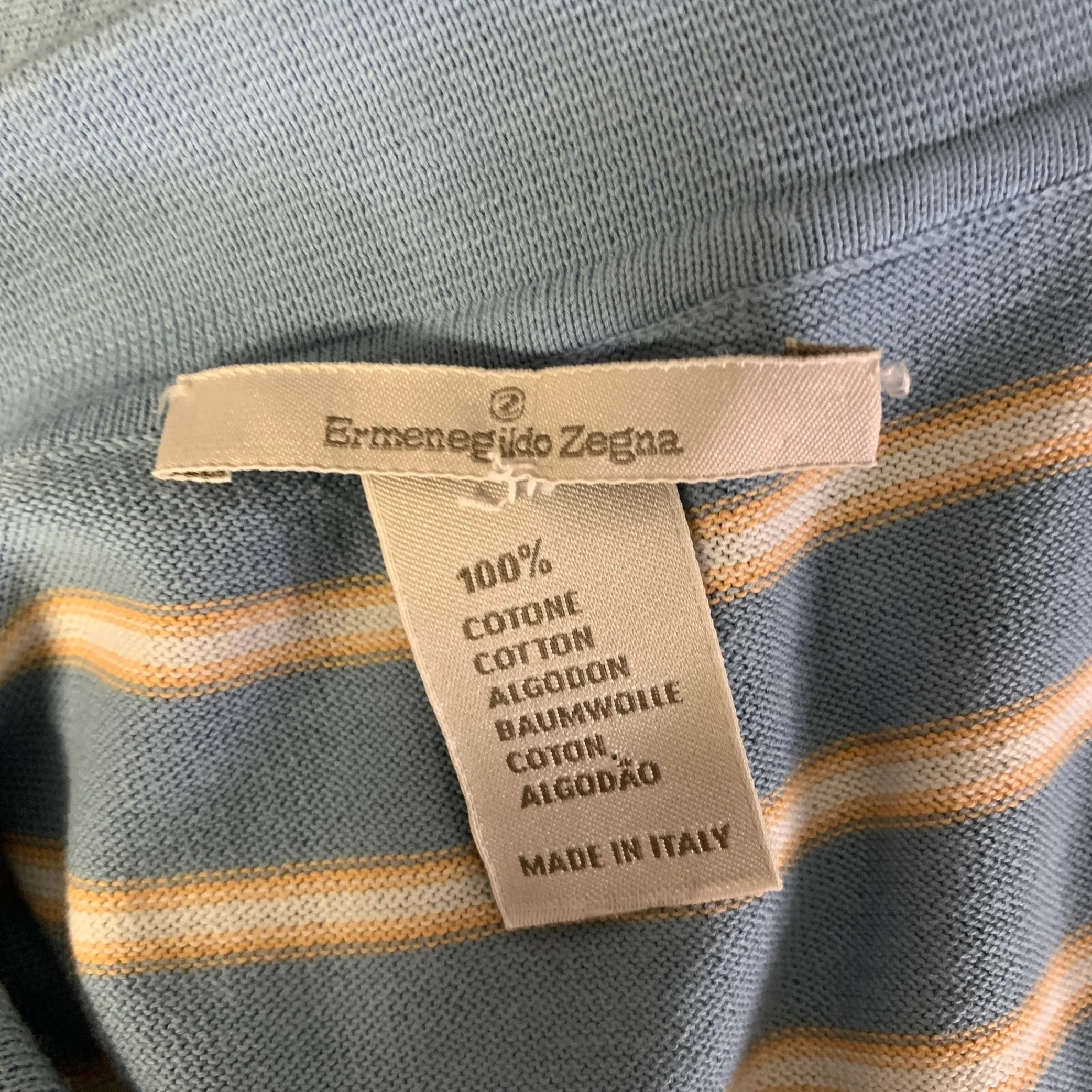 ZEGNA Size L Blue Orange White Stripe Cotton Quarter Zip Polo - Image 5