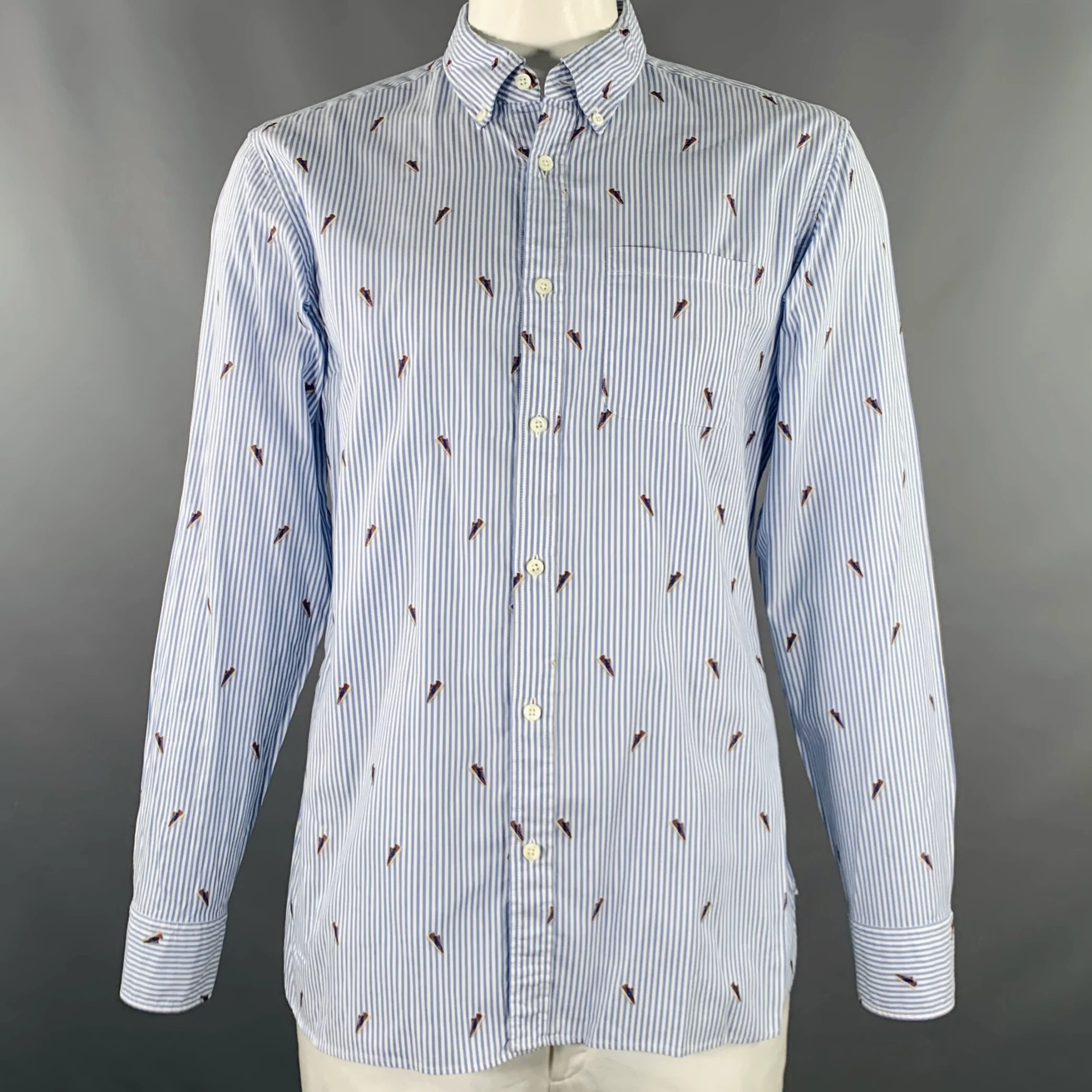 ZEGNA Size XL Blue White Stripe Cotton One Pocket Long Sleeve Shirt