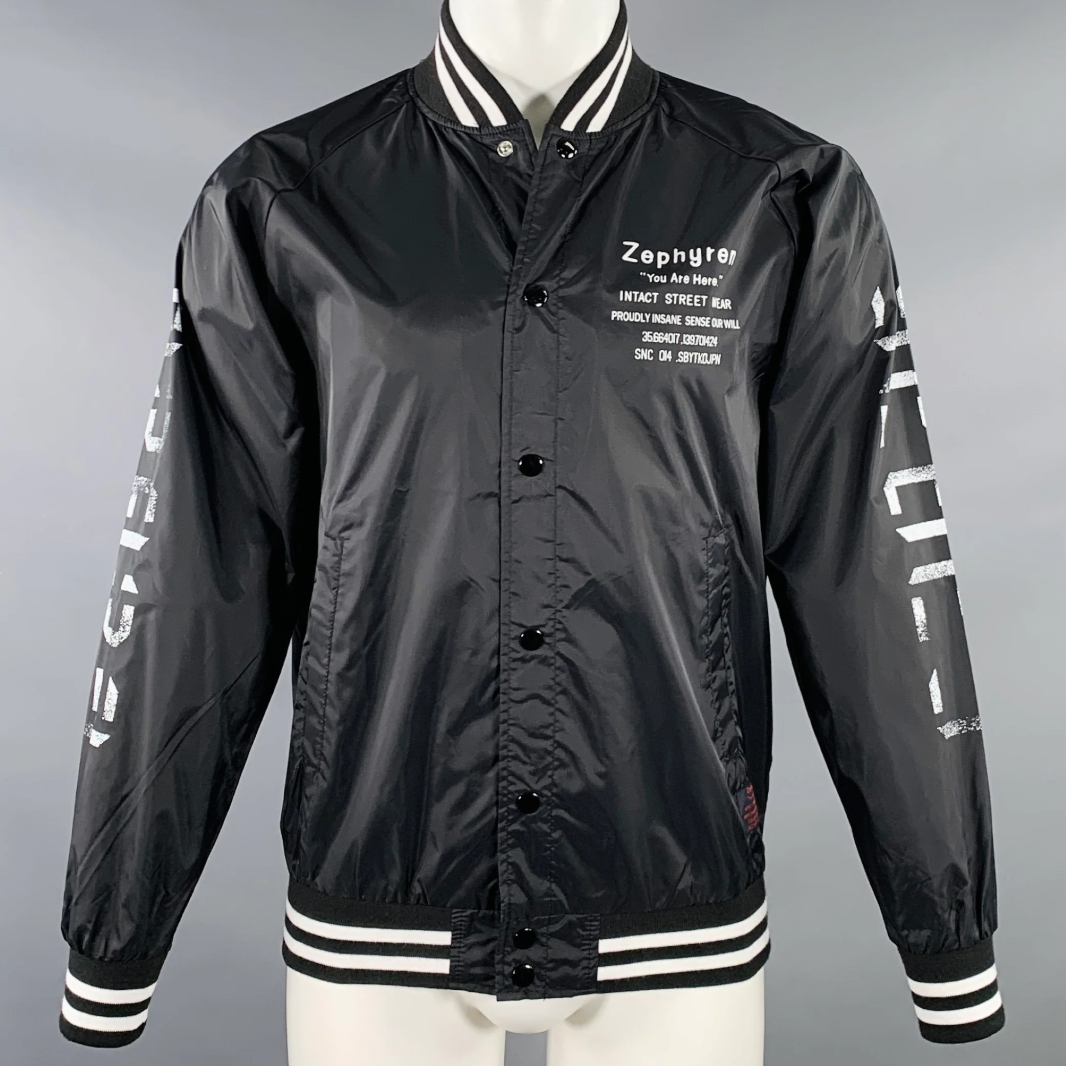 ZEPHYREN Size M Black White Print Polyester Bomber Jacket