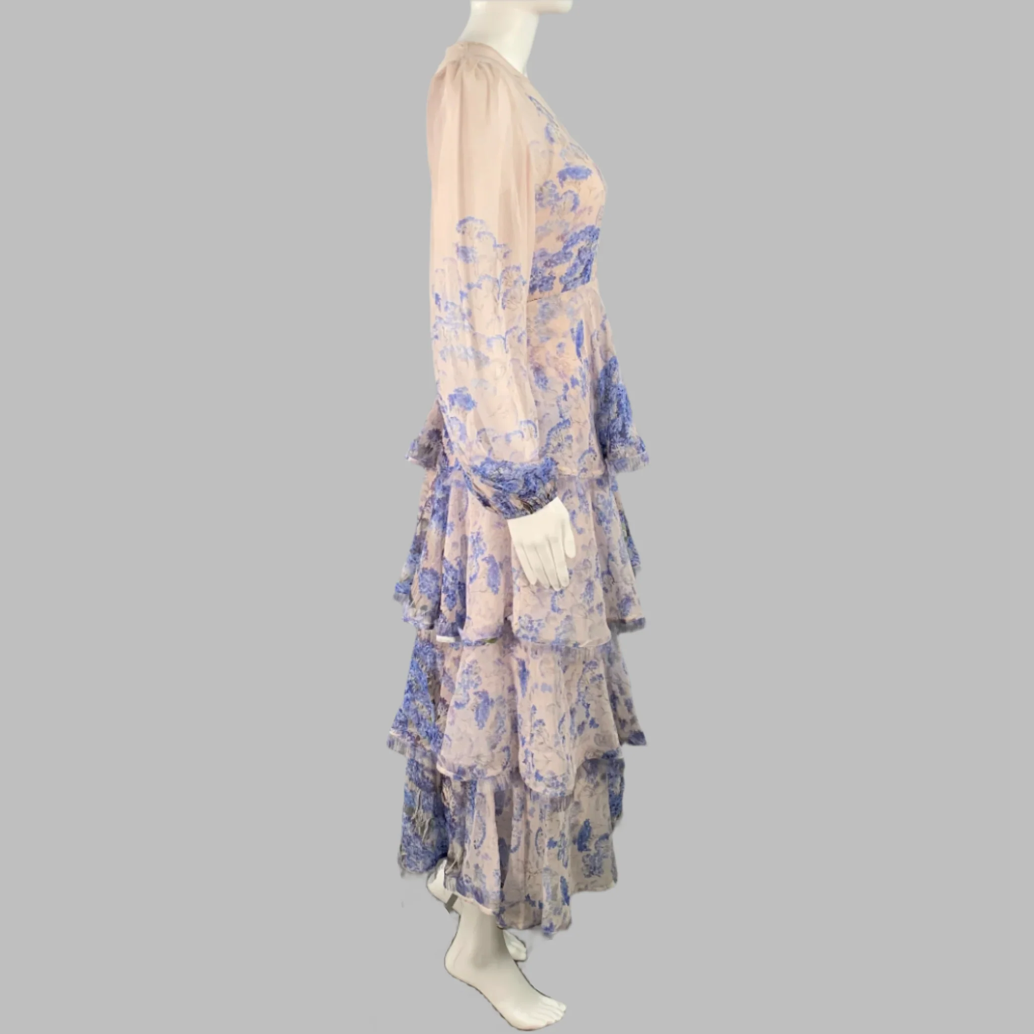 ZIMMERMANN Size S Blue Lilac Cotton Silk Floral Tiered Long Sleeve Dress - Image 3