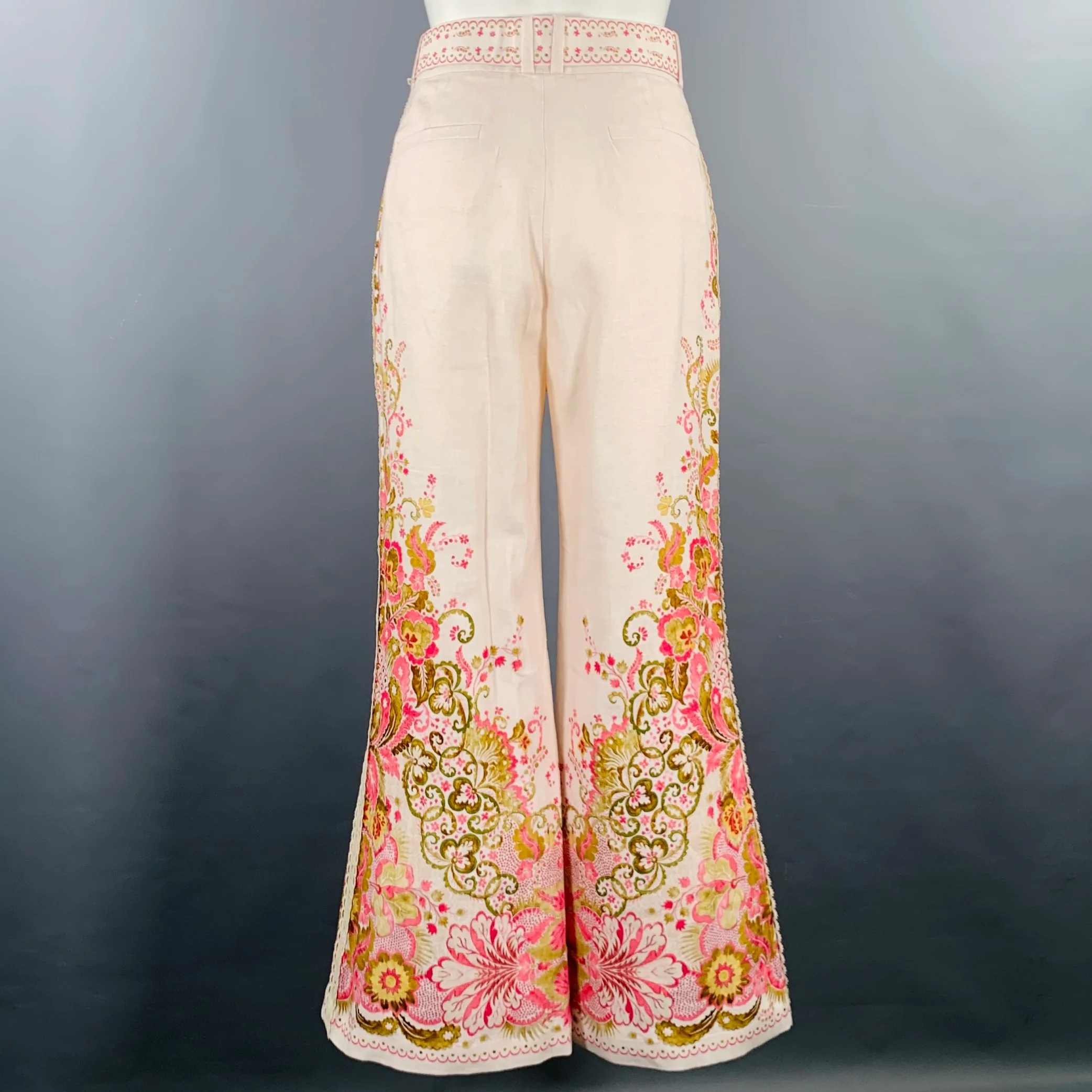 ZIMMERMANN Size S Pink Olive Linen Embroidered High Waisted Dress Pants - Image 6
